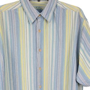 Tommy Bahama Mens 100% Silk Button Up Shirt Large Blue White Yellow Stripe